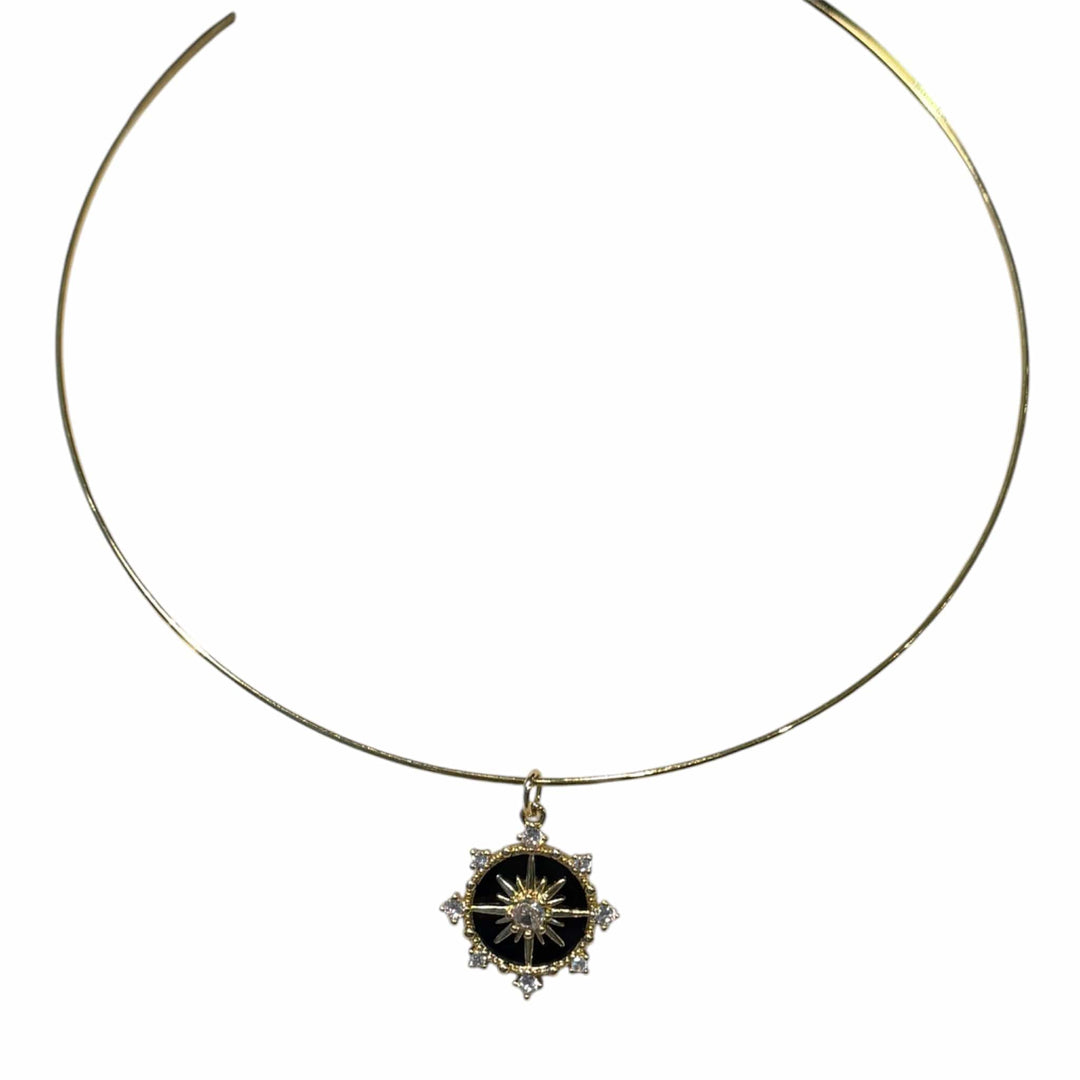 Black Celestial Compass Starburst Charm Pendant on Gold Wire Choker