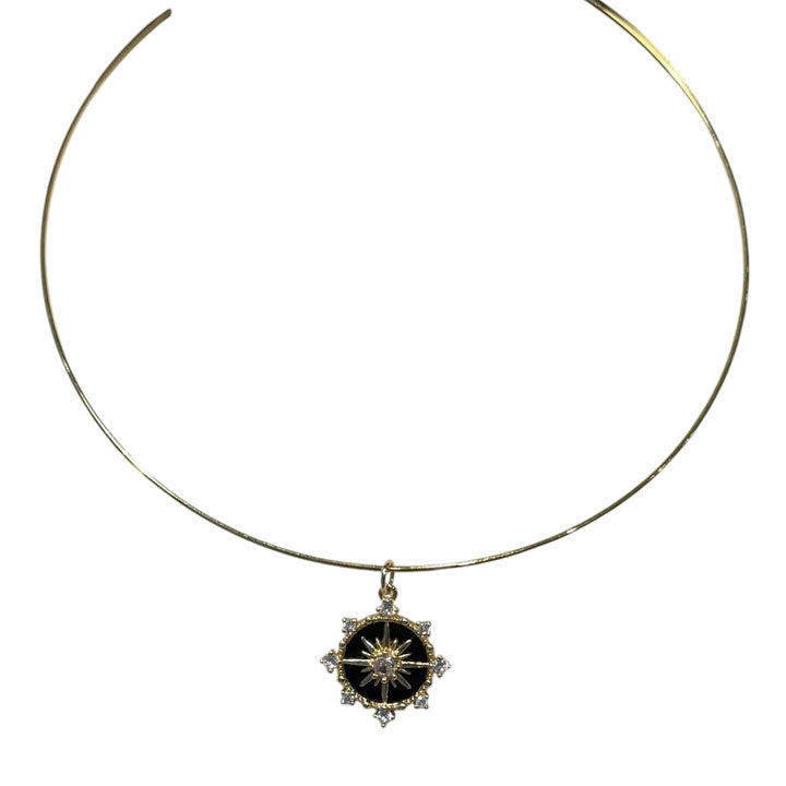 Black Celestial Compass Starburst Charm Pendant on Gold Wire Choker