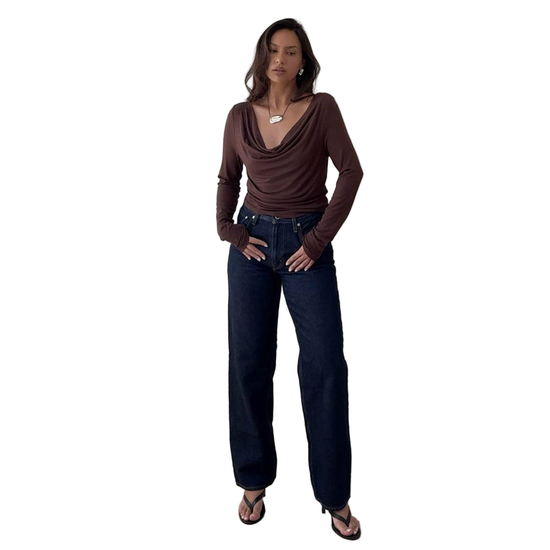 Brown Cowl Neck Long Sleeve Top