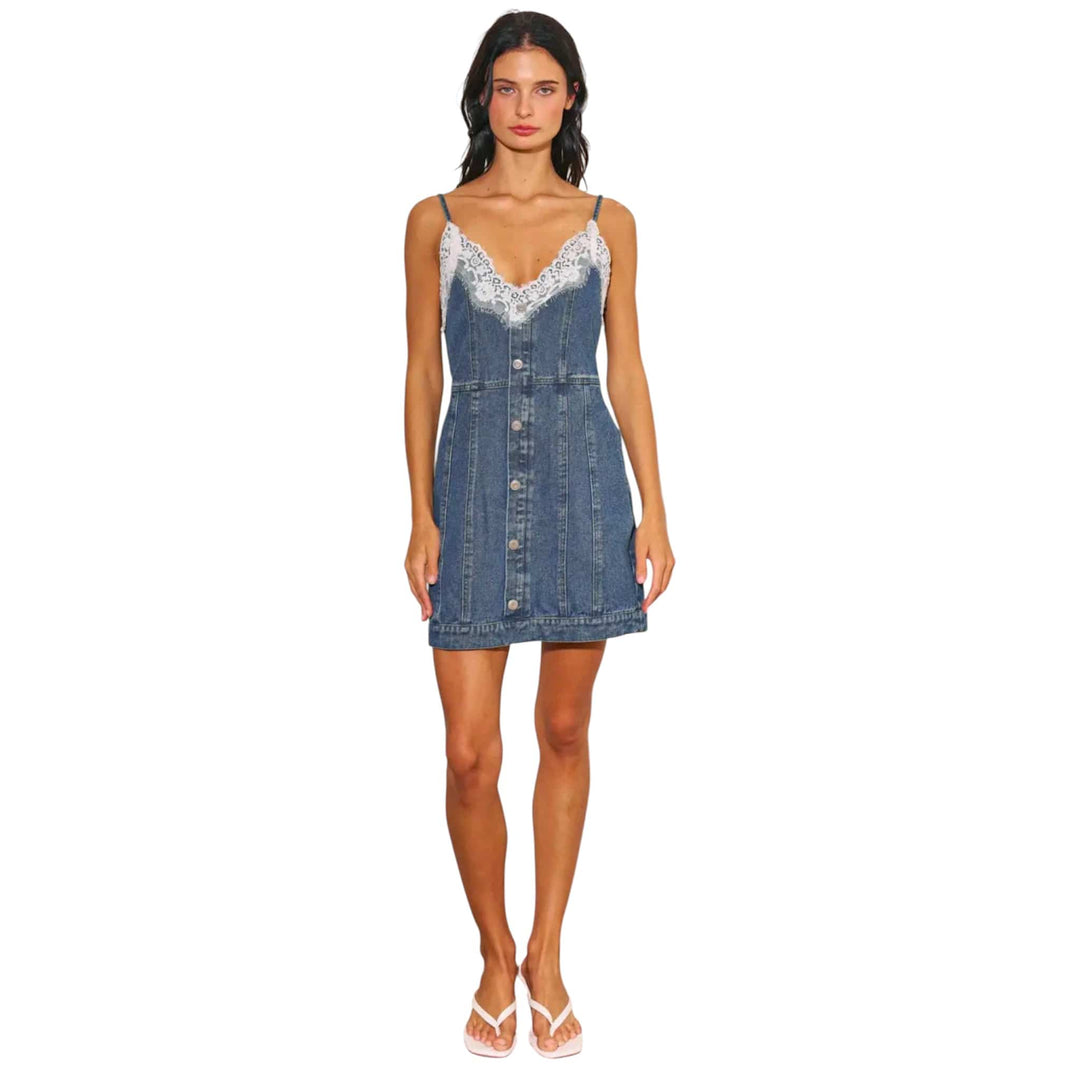 Denim Lace Trimmed Mini Dress