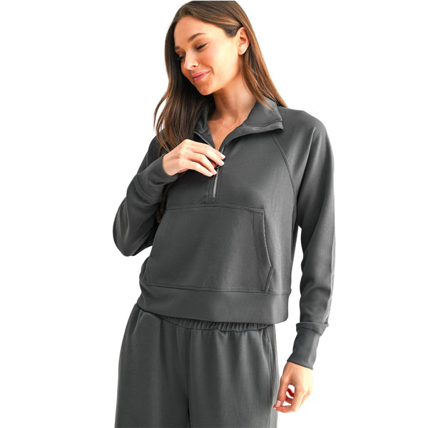 Grey Luxe Sand Wash Ribbed 1/4 Zip Top