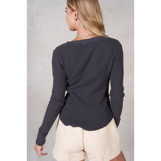 Charcoal Garment Dye Waffle Long Sleeve Top