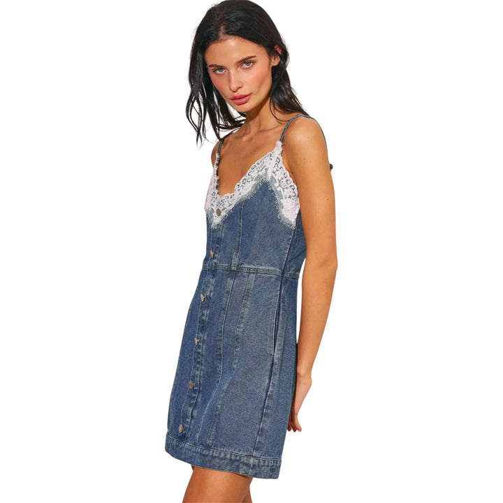 Denim Lace Trimmed Mini Dress