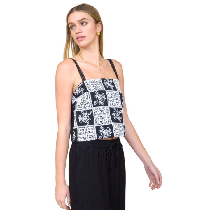 Black and White Embroidery Checkered Pattern Lace Spaghetti Top