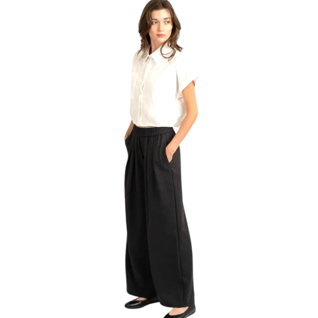 Elastic Band Pleated Wide Leg Trousers