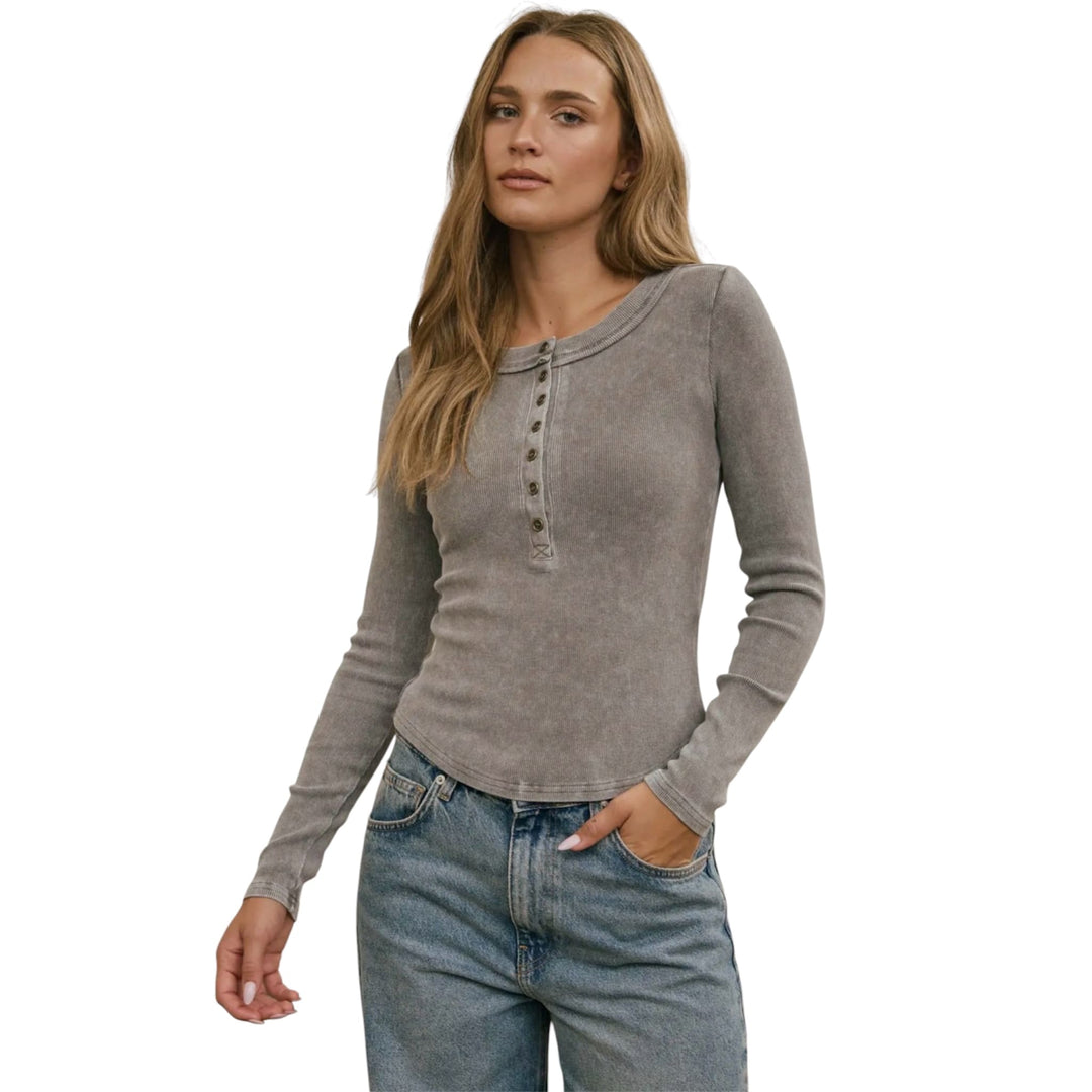 Grey Washed Ribbed Long Sleeve Henley Top