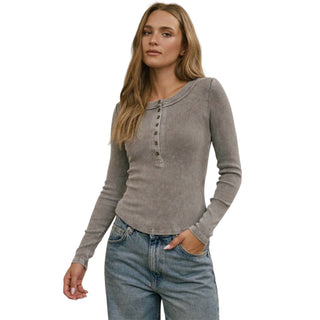 Grey Washed Ribbed Long Sleeve Henley Top