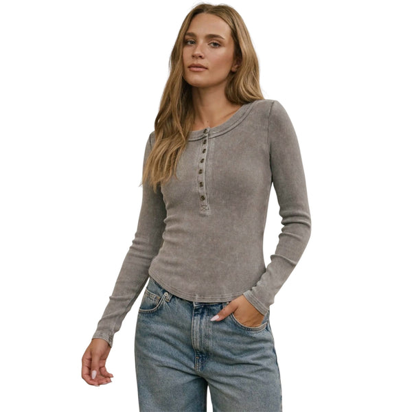 Grey Washed Ribbed Long Sleeve Henley Top