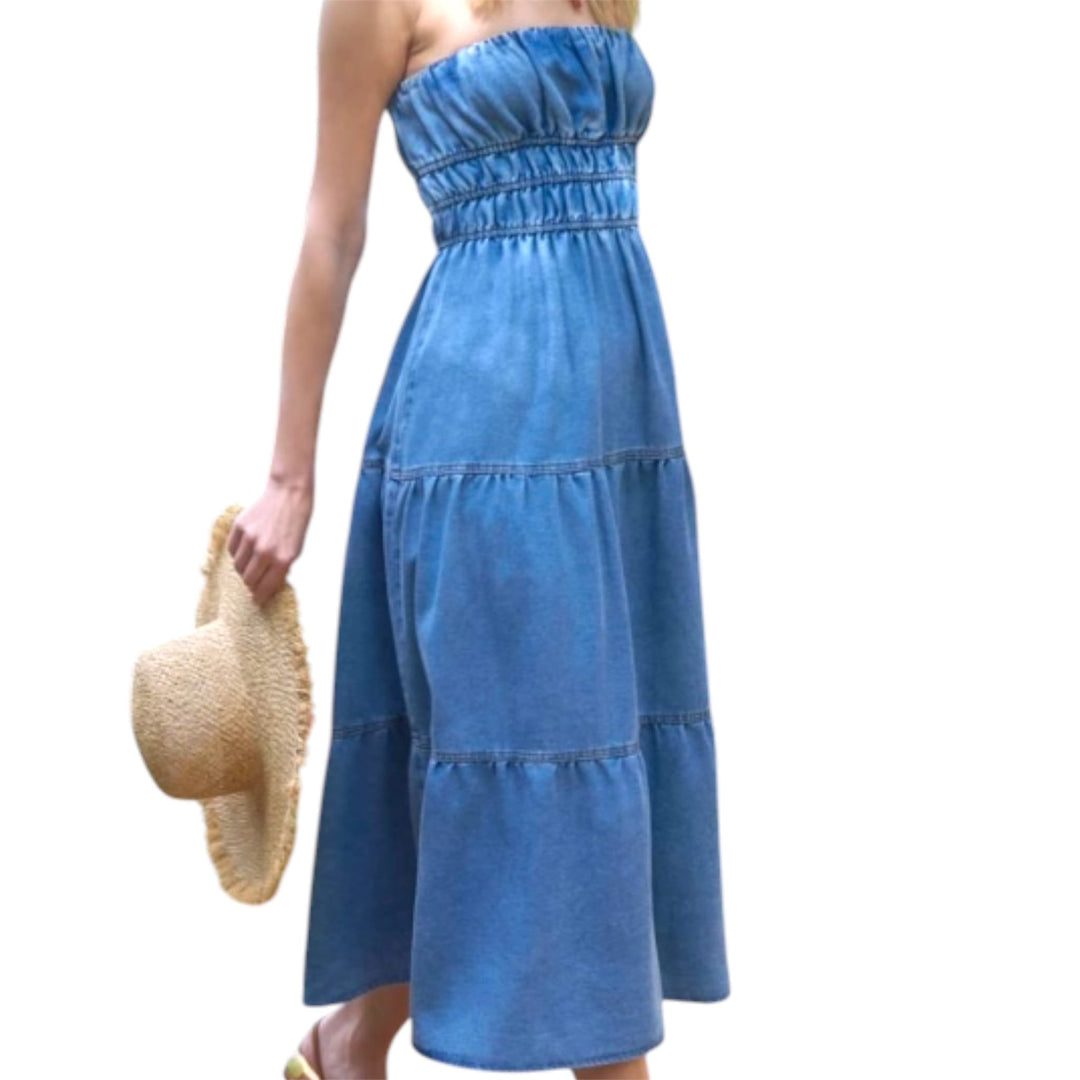 Strapless Shirred Tiered Denim Midi Dress