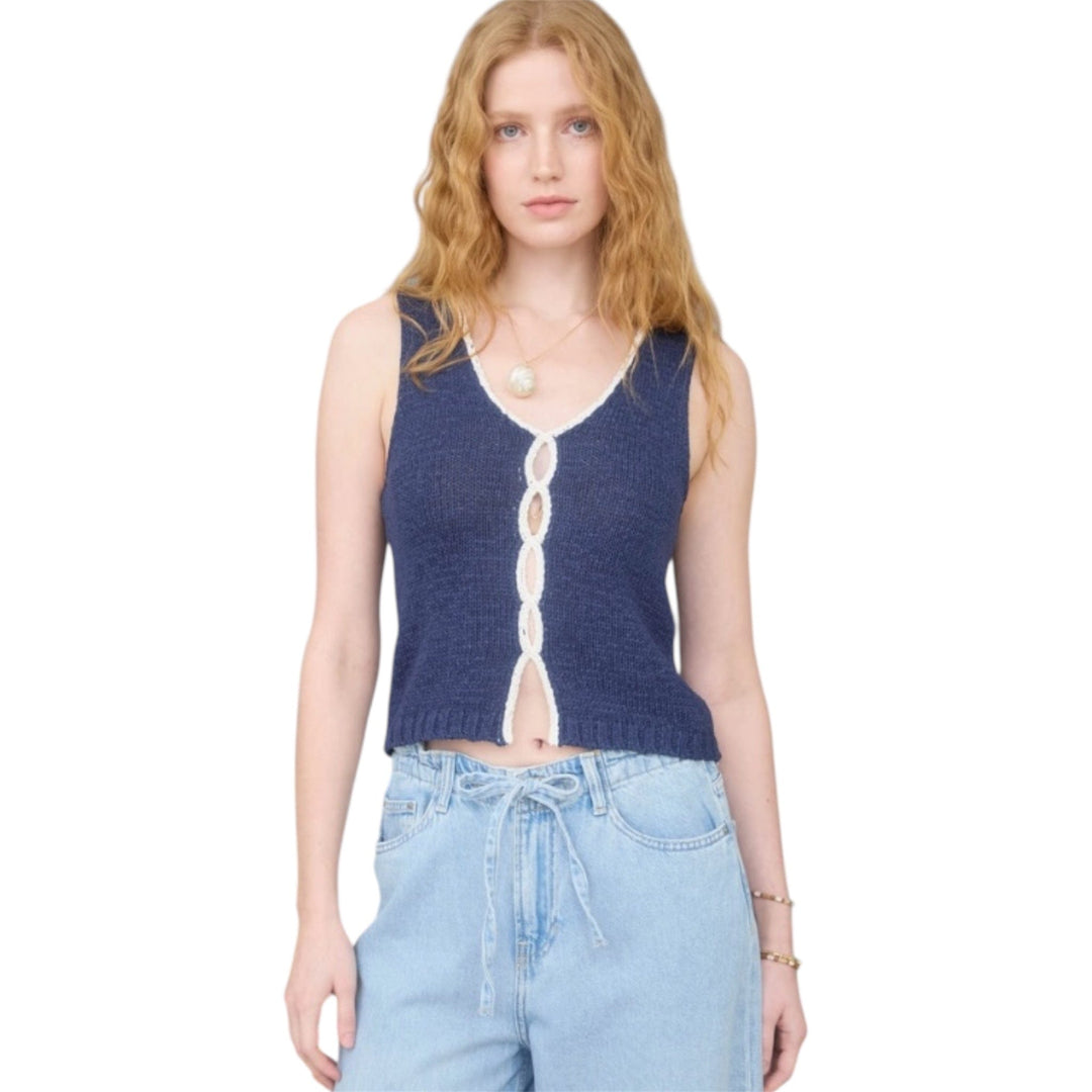Navy and White Contrast Keyhole Detail Knit Sweater Vest