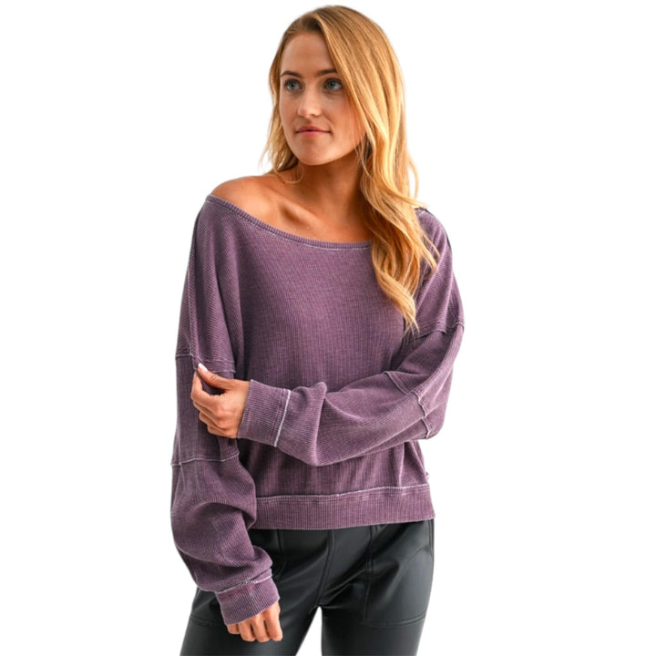 Raw Edge Waffle Off the Shoulder Dark Plum Pullover