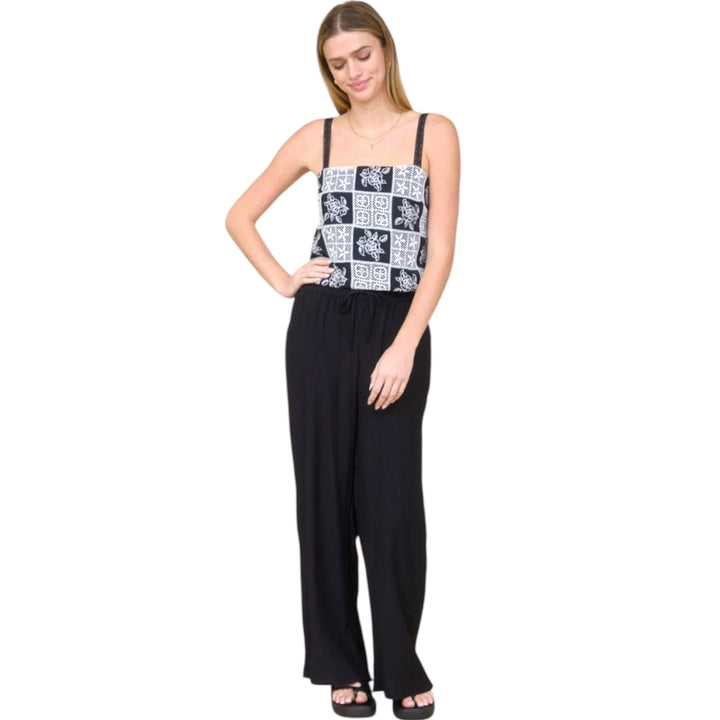 Black and White Embroidery Checkered Pattern Lace Spaghetti Top