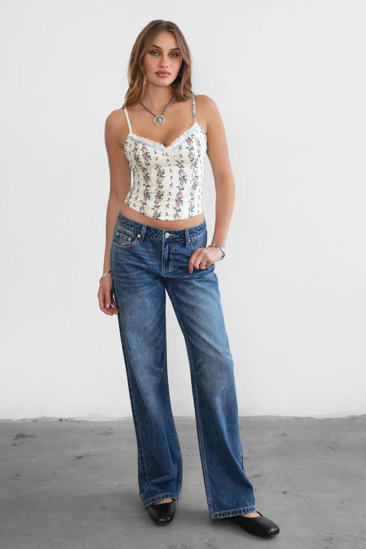 Straight Leg Dark Denim Washed Low Rise Jeans