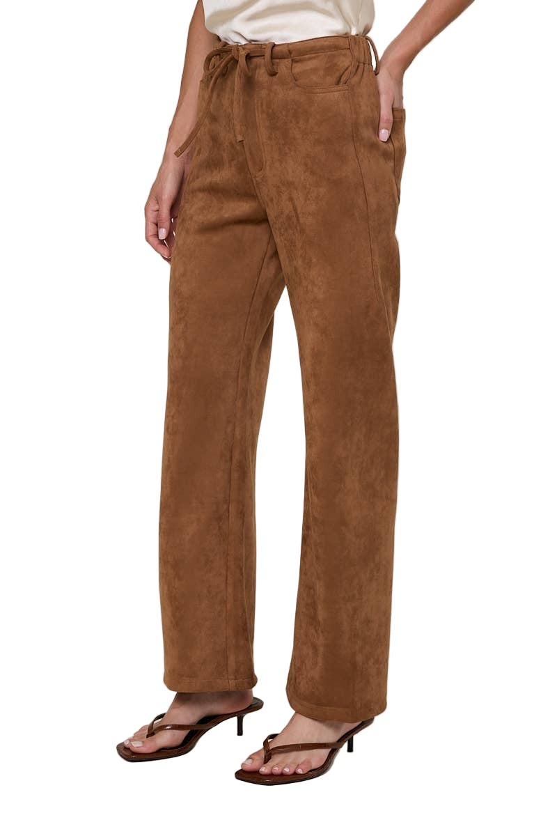 Suede Camel Front Tie Straight Leg Pants
