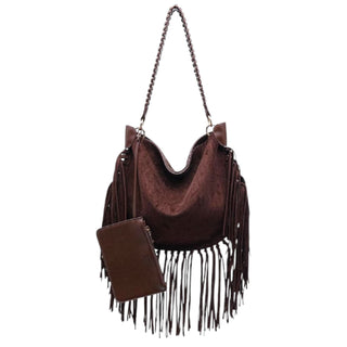 Brown Soft Textured Hobo Bag with Fringe