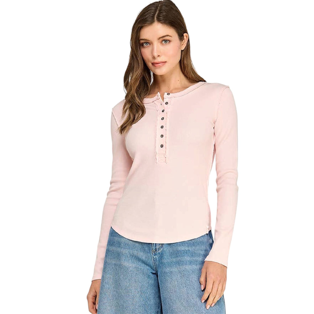 Pink Washed Soft Ribbed Henley Long Sleeve Top