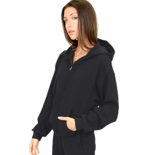 Black Waffle Zip Up Hoodie