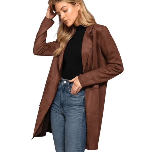 Long Sleeve Open Front Faux Suede Jacket in Dark Brown