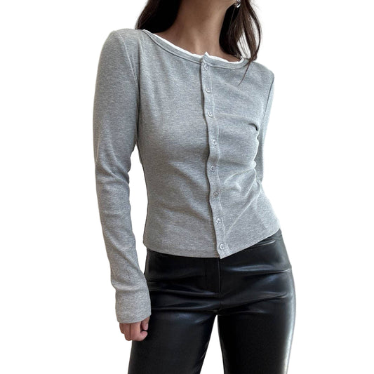 Grey and White Contrast Neck Edge Detail Cardigan