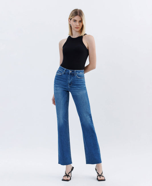 High Rise Clean Cut Raw Hem Straight Leg Jeans with Comfort Stretch