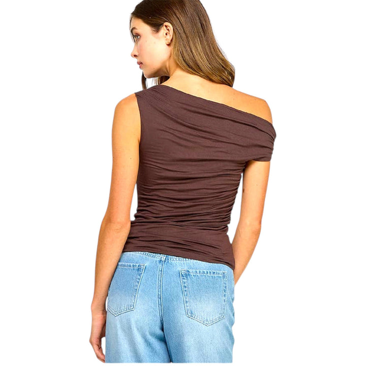 Brown One Shoulder Ruched Top