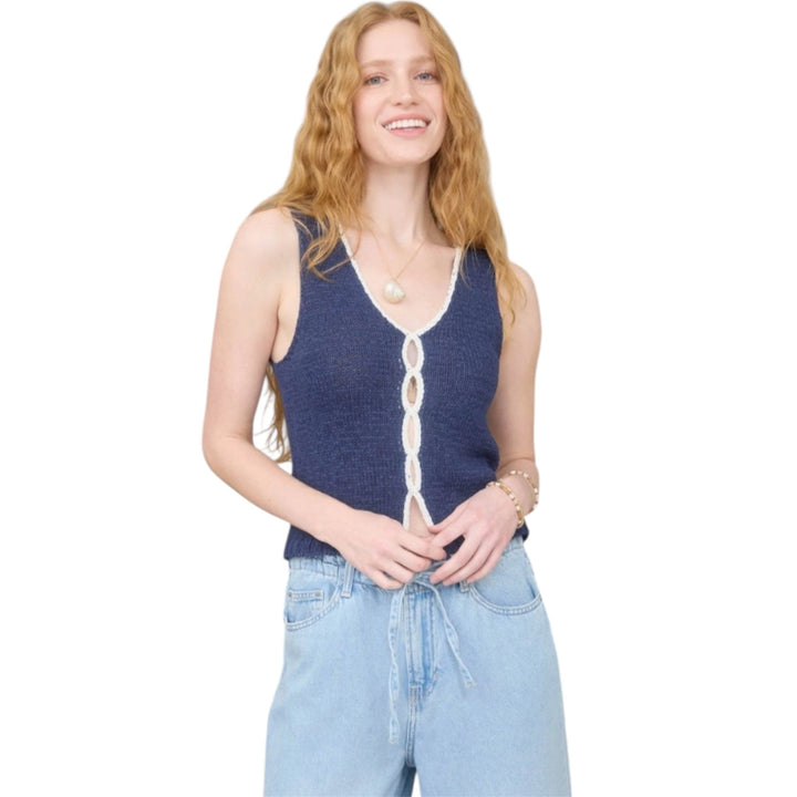 Navy and White Contrast Keyhole Detail Knit Sweater Vest