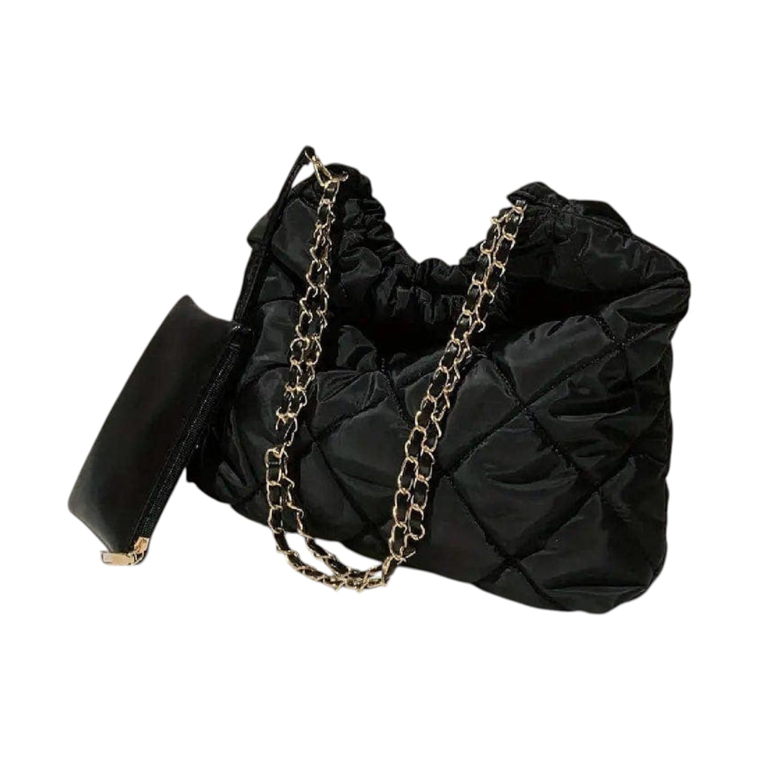 Black Puffer Quilted Hobo Tote Bag