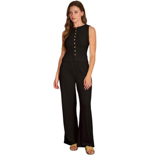 Black Textured Mock Button Sleeveless Tank Top