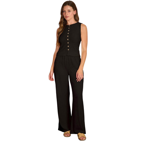 Black Textured Mock Button Sleeveless Tank Top