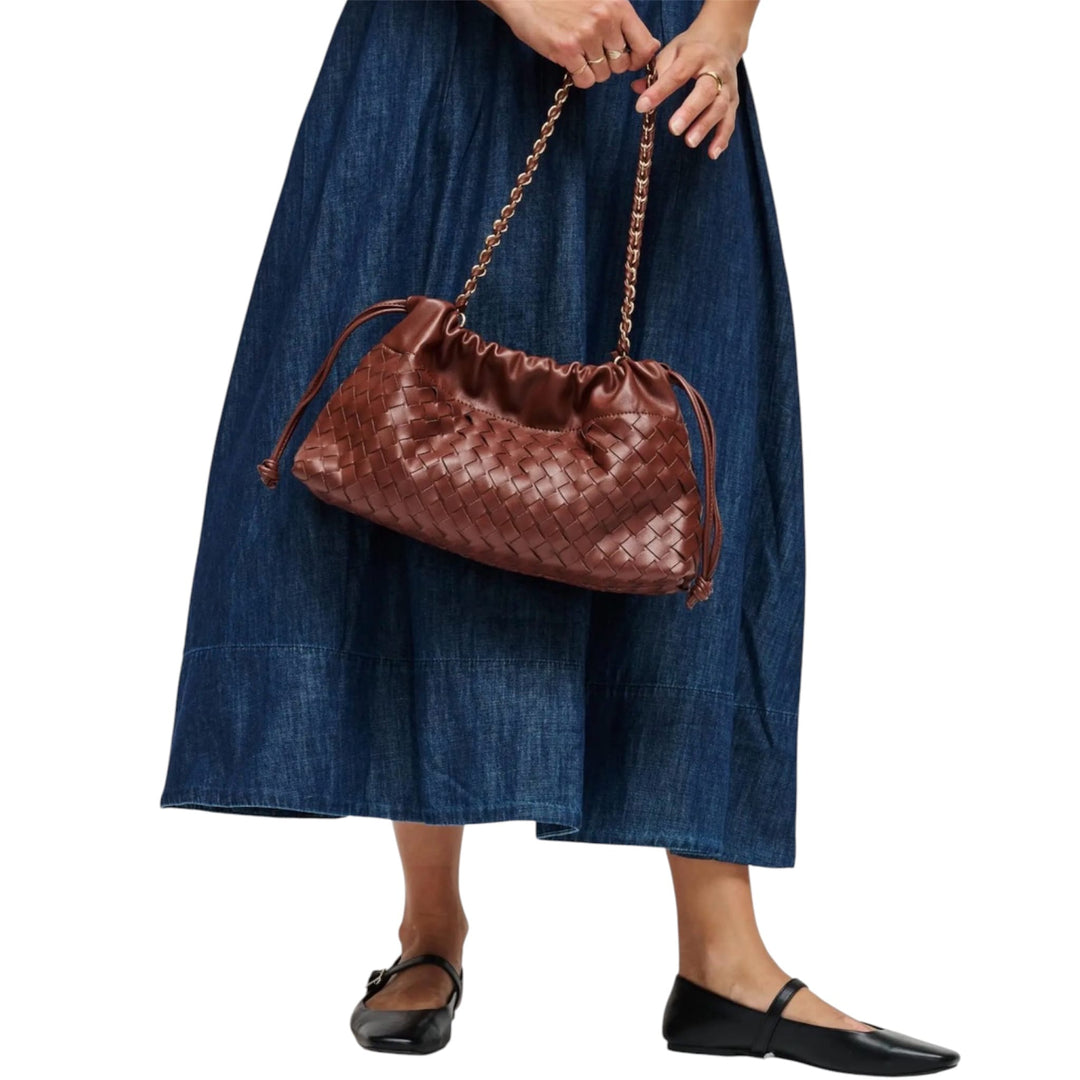 Brown Soft Woven with Luxe Chain Strap Shoulder Bag
