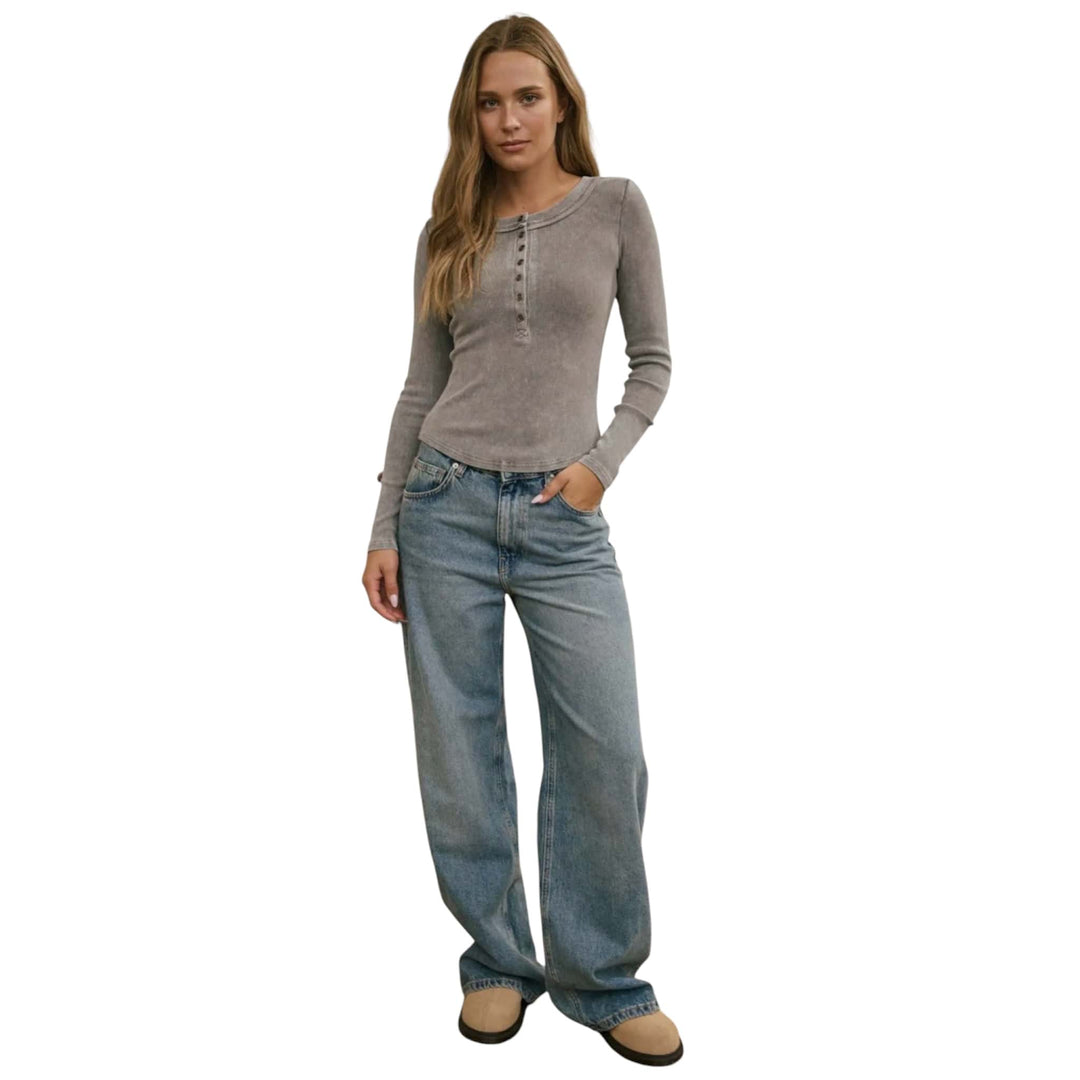 Grey Washed Ribbed Long Sleeve Henley Top