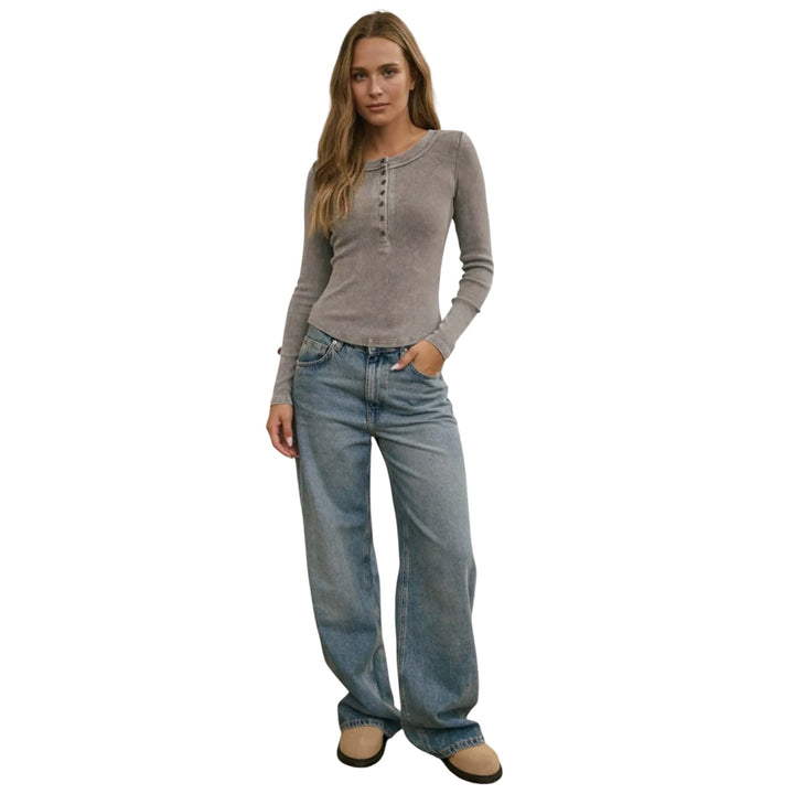Grey Washed Ribbed Long Sleeve Henley Top