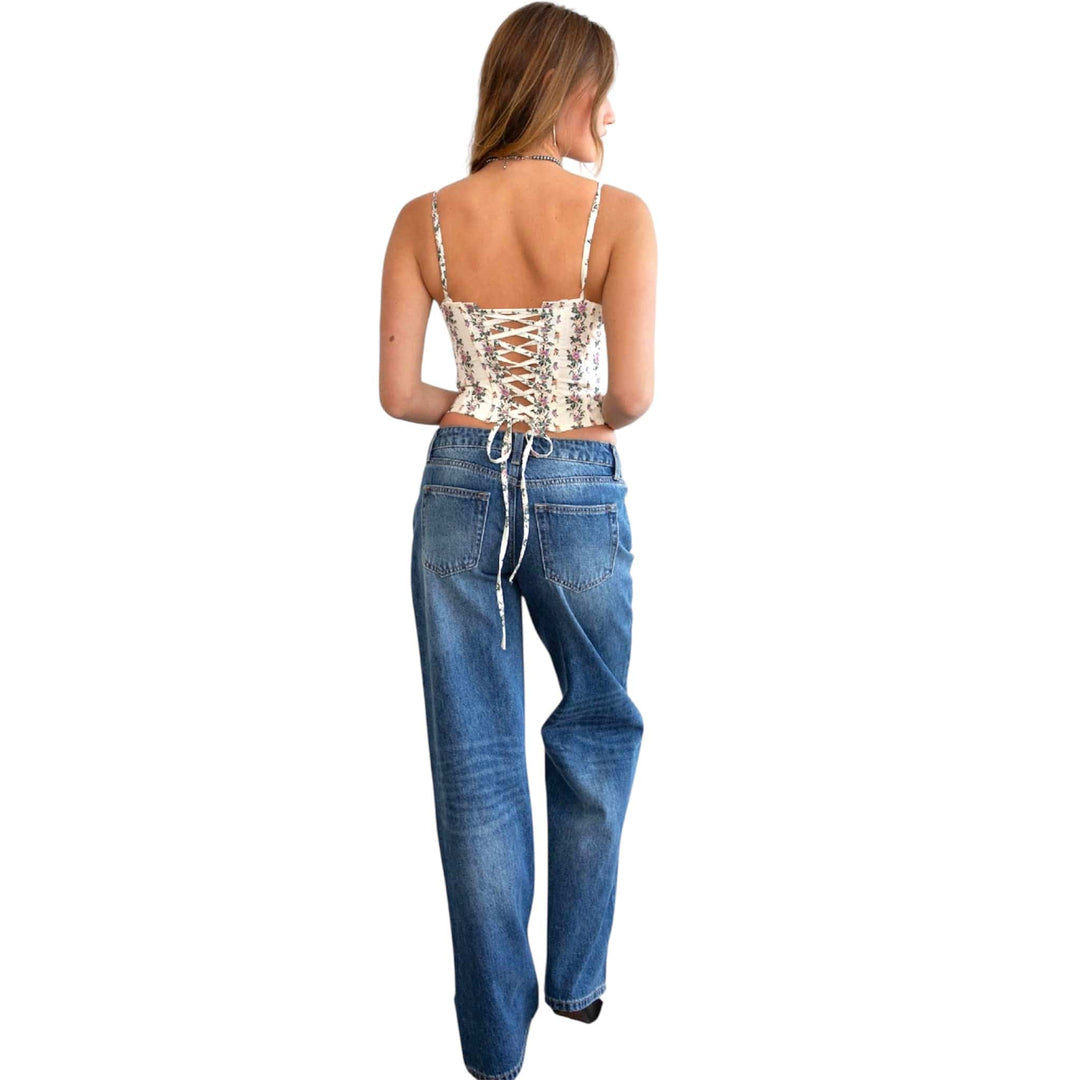 Straight Leg Dark Denim Washed Low Rise Jeans