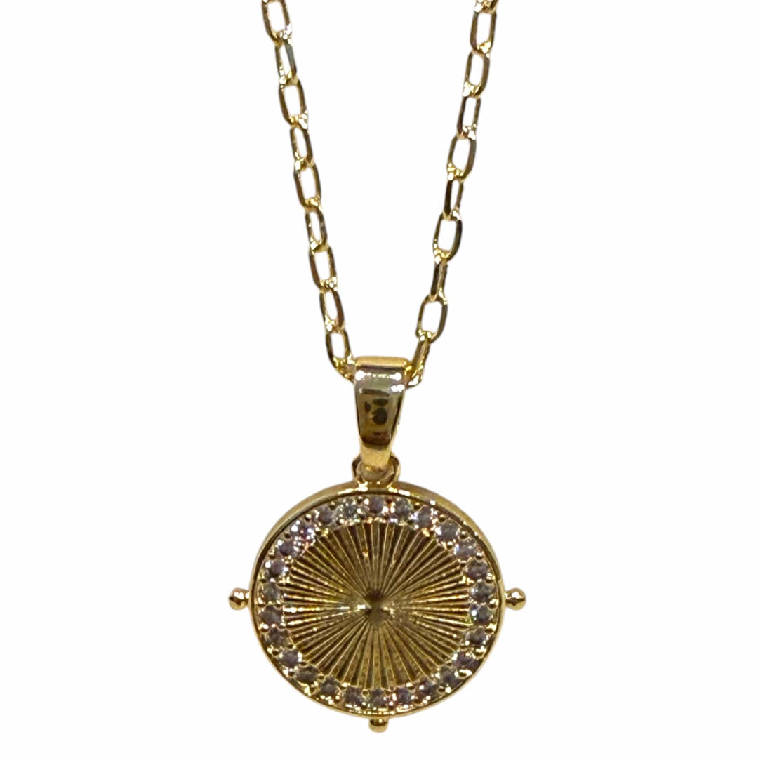 Clear CZ around radical line Round Coin Gold Charm Pendant Necklace
