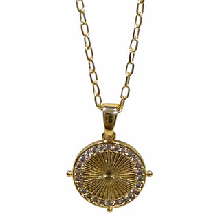 Clear CZ around radical line Round Coin Gold Charm Pendant Necklace