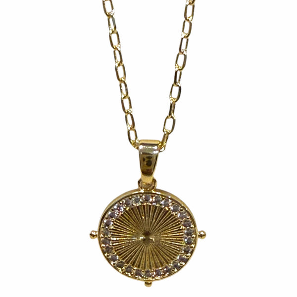 Clear CZ around radical line Round Coin Gold Charm Pendant Necklace