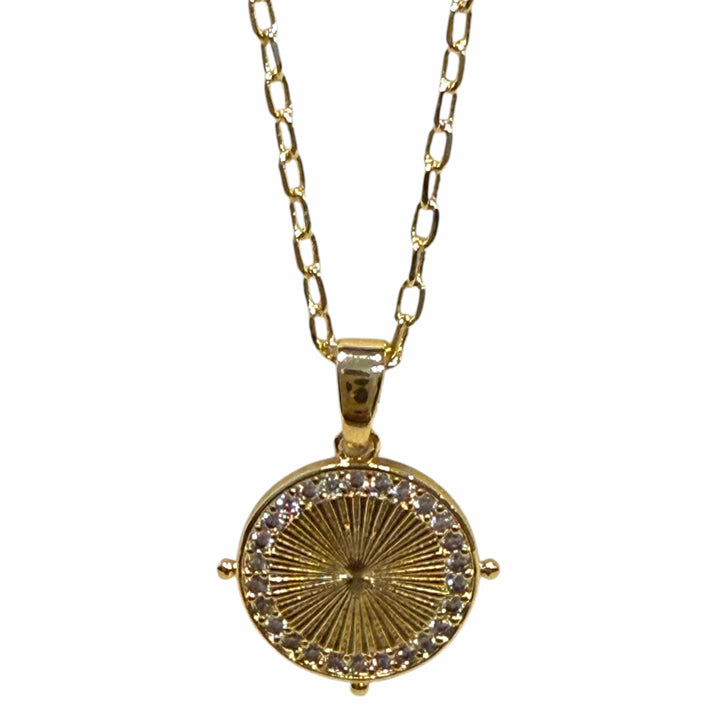 Clear CZ around radical line Round Coin Gold Charm Pendant Necklace
