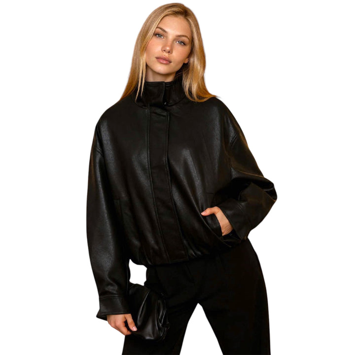 Black Faux Leather Mock Neck Bomber Jacket