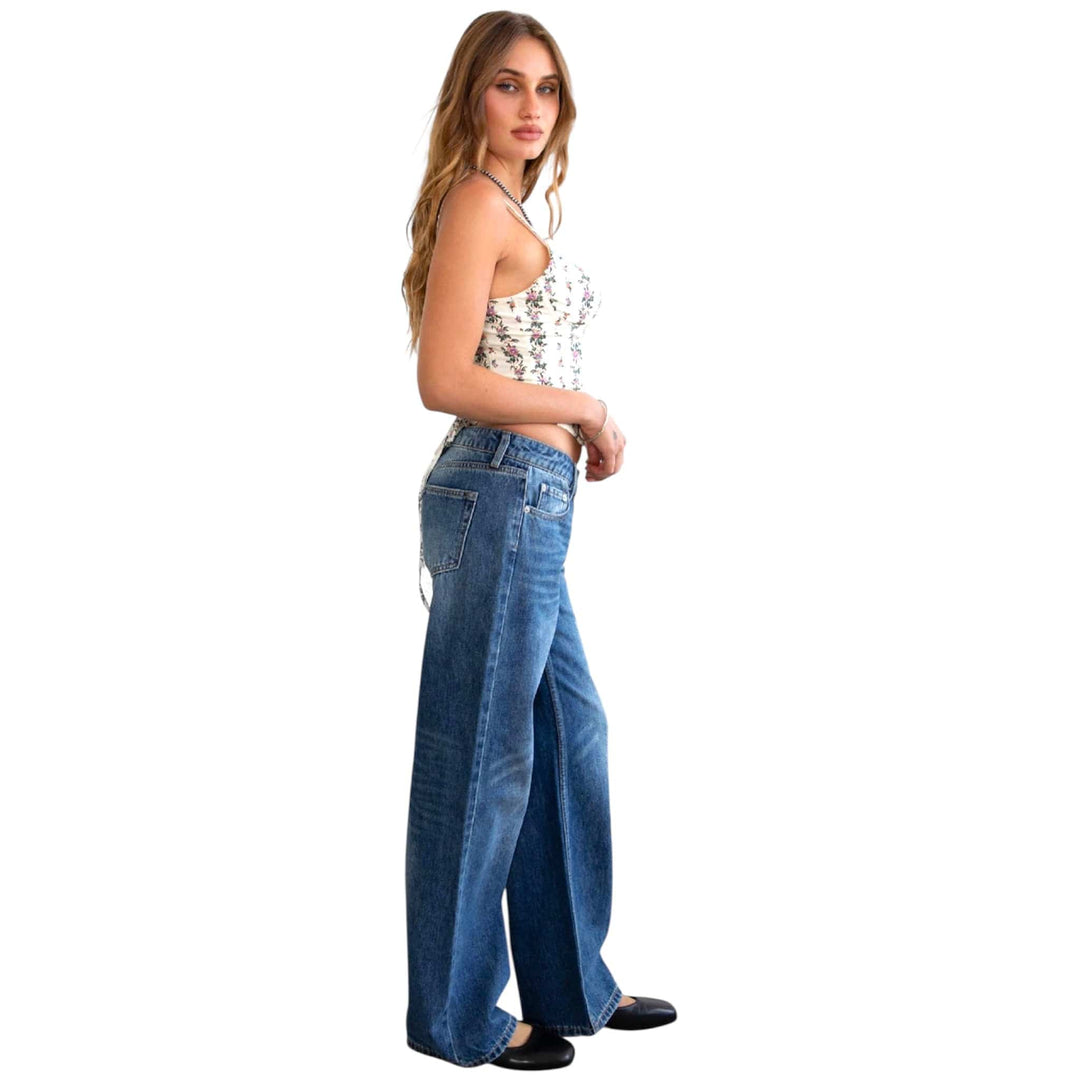 Straight Leg Dark Denim Washed Low Rise Jeans