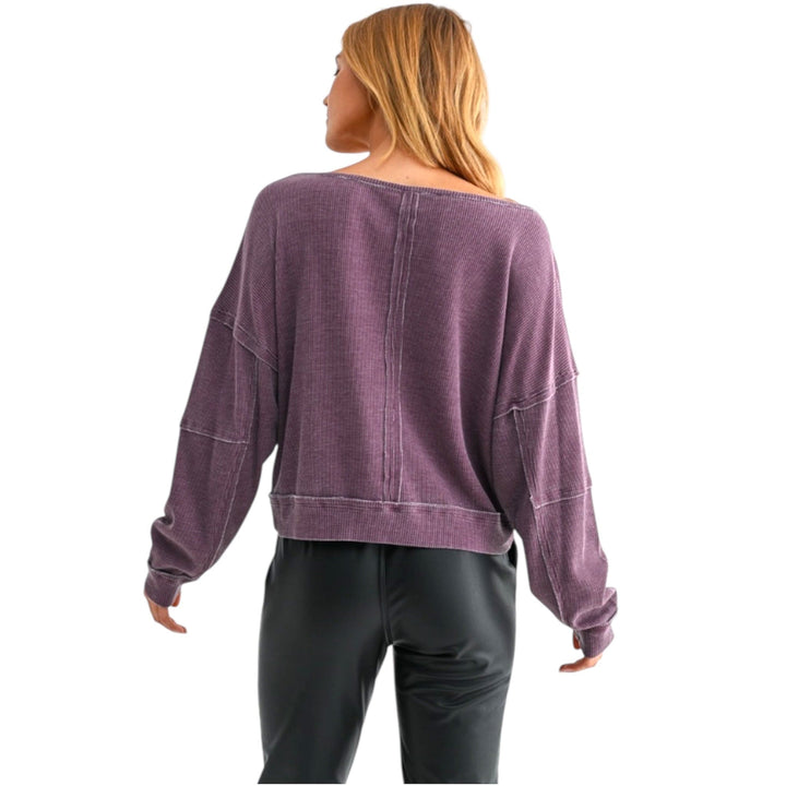 Raw Edge Waffle Off the Shoulder Dark Plum Pullover
