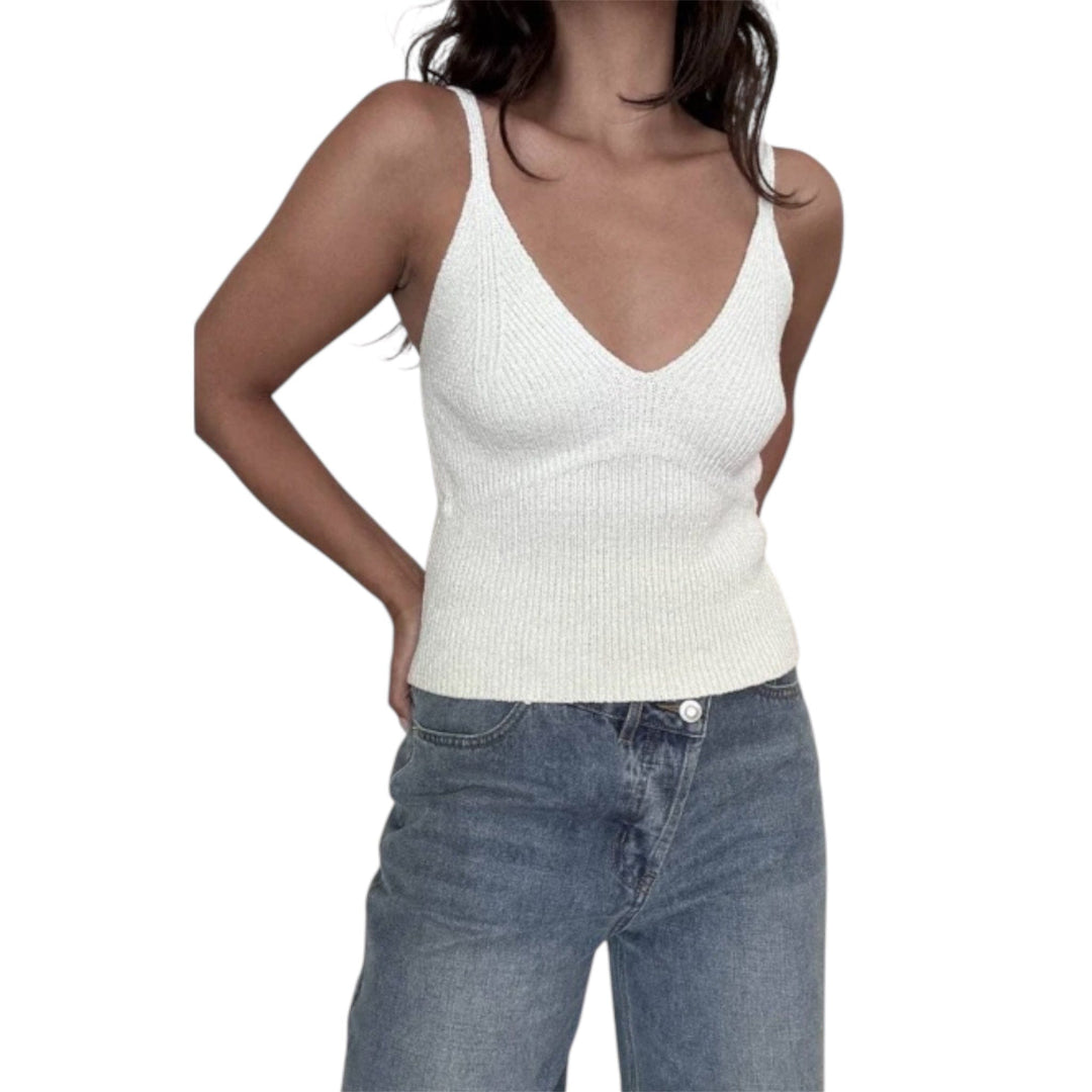 Cream Knit V Neck Spaghetti Strap Cami