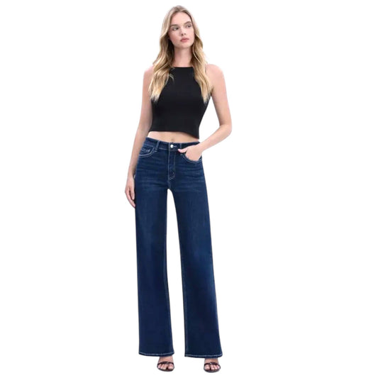 Mid Rise Dark Wash Full Length Wide Leg Jeans