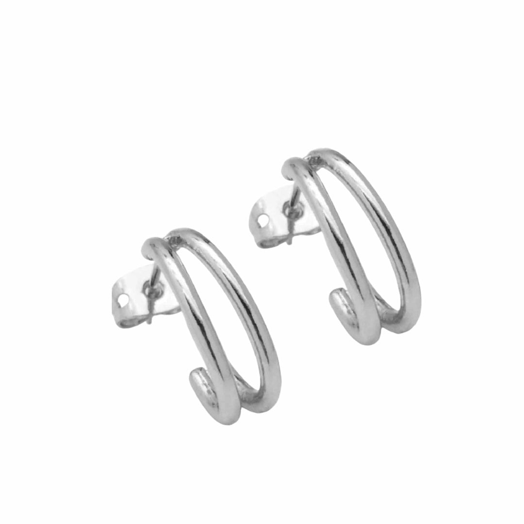 Silver Double line Oval Hoop Stud Earrings