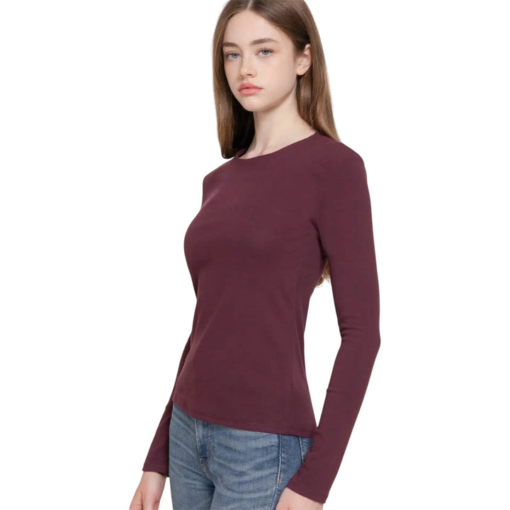 Burgundy Long Sleeve Round Neck Rib Knit Top