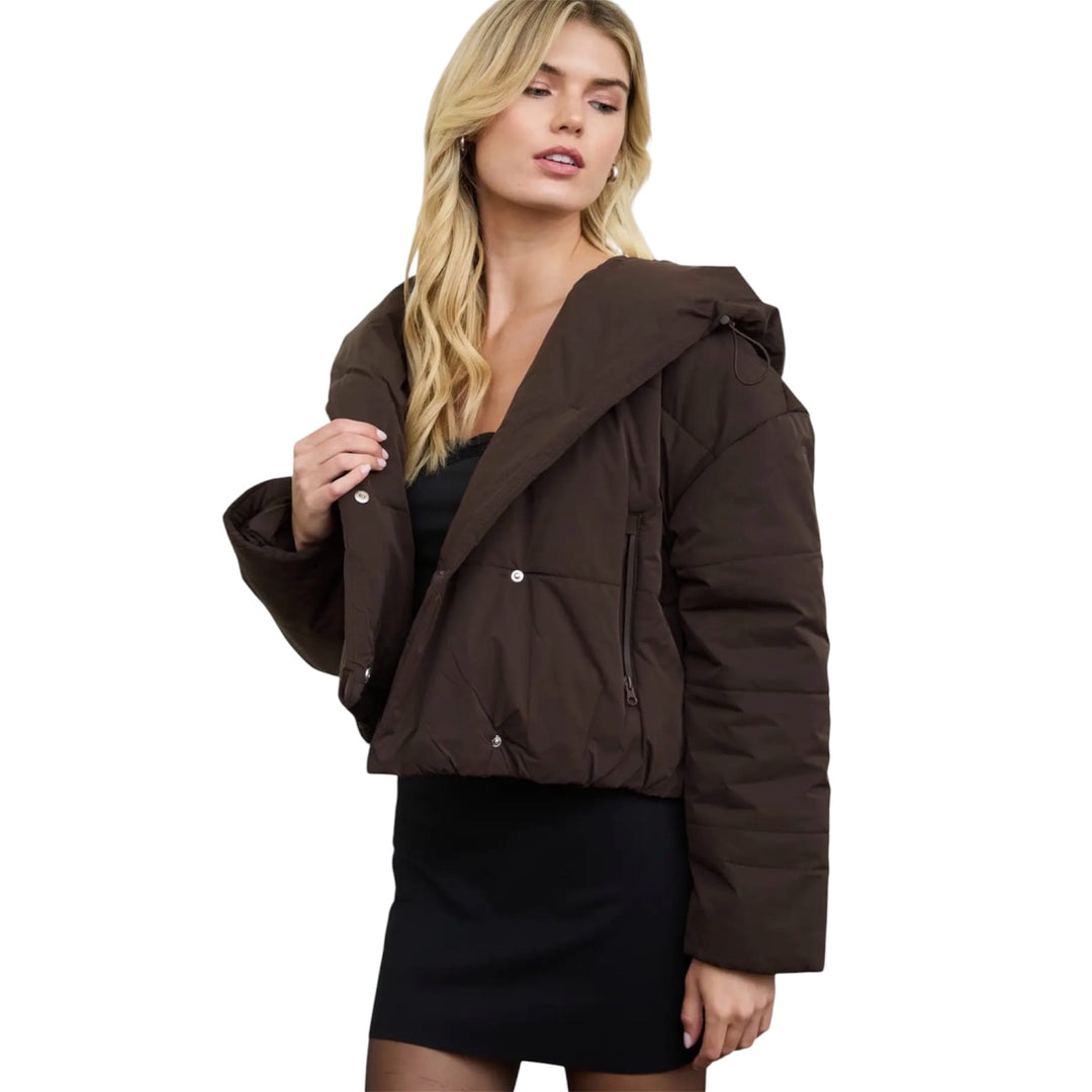 Brown Hooded Cropped Puffer Jacket