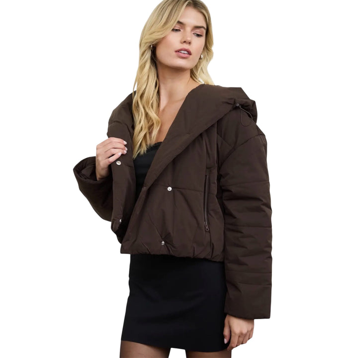 Brown Hooded Cropped Puffer Jacket