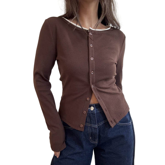 Brown and White Contrast Neck Edge Detail Cardigan