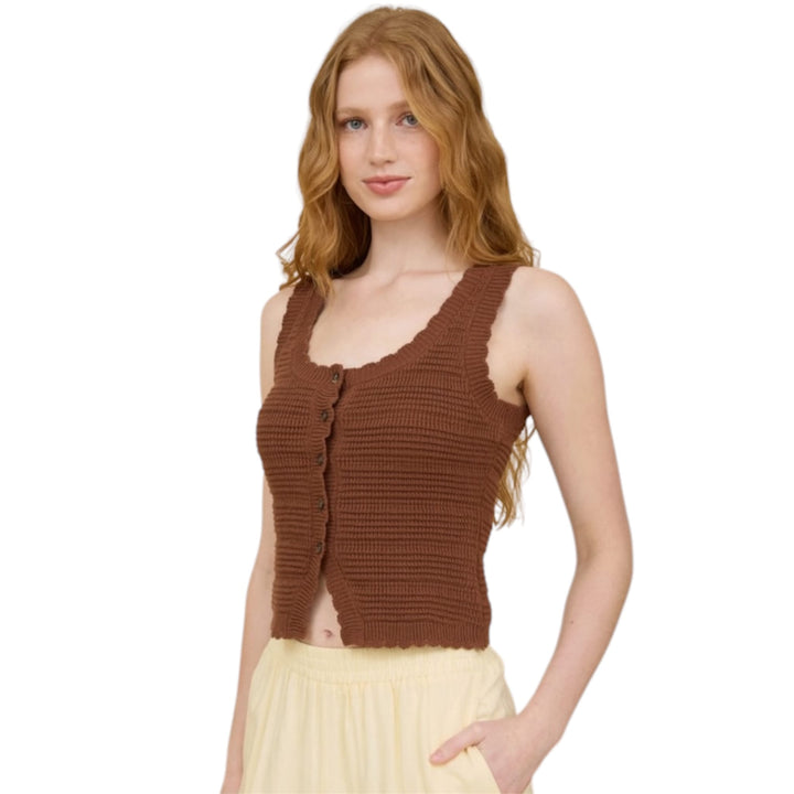Brown Crochet Knit Button Down Scalloped Knit Vest