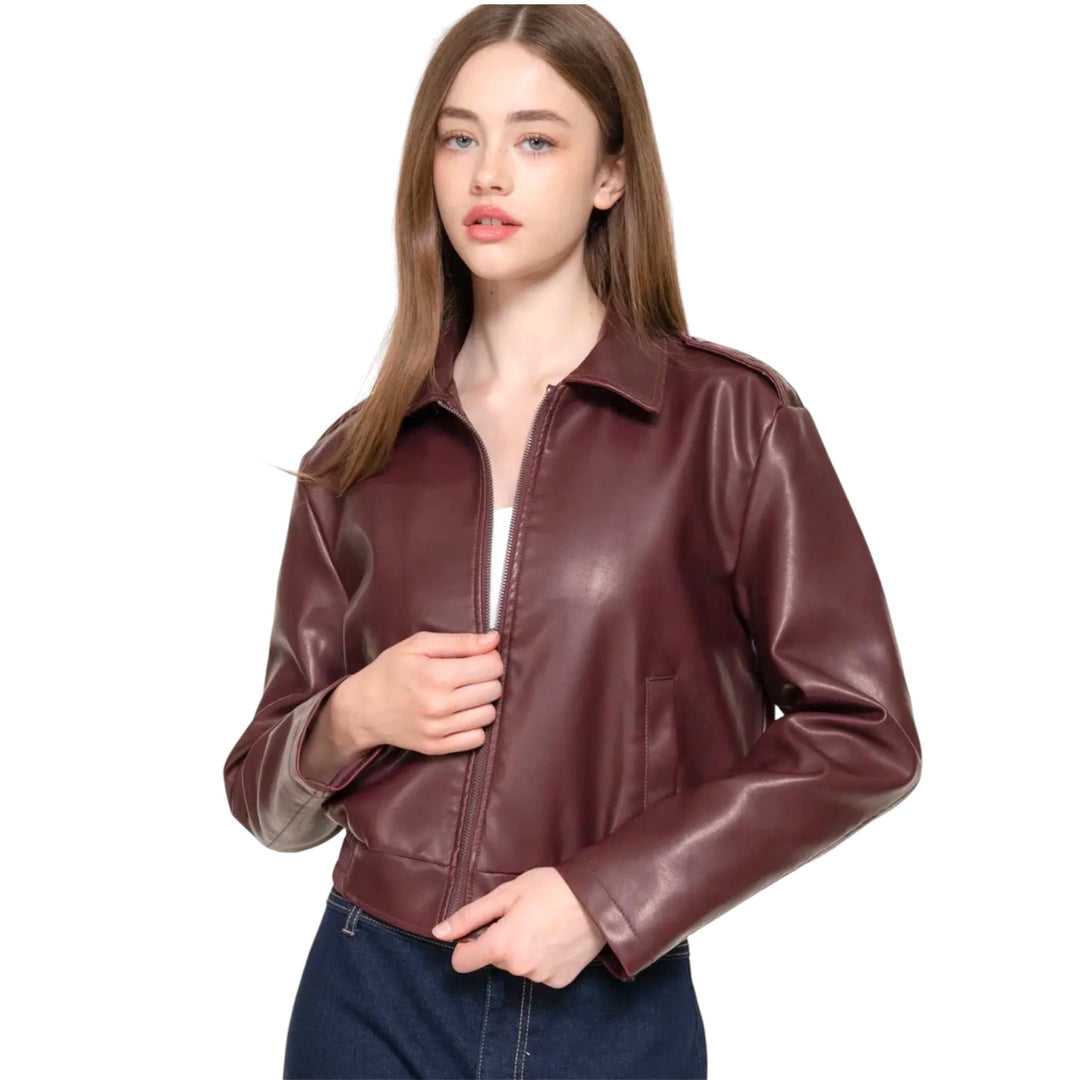 Burgundy Wash Effect Faux Leather Jacket