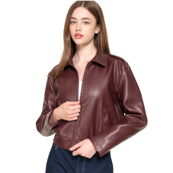 Burgundy Wash Effect Faux Leather Jacket